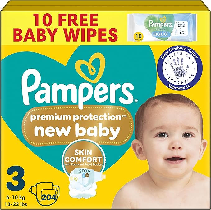 Pampers Premium Protection New Baby Size 3, 204 Nappies, 6kg-10kg, Monthly Pack, The Only Newborn Nappy Approved by British Skin Foundation