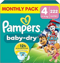 Pampers Baby-Dry Paw Patrol Edition Size 4, 222 Nappies, 9kg-14kg, Monthly Pack, Up to a 100% Leak-Free & Comfortable Night