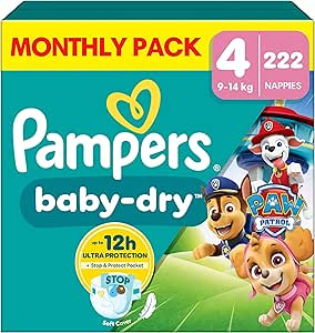 Pampers Baby-Dry Paw Patrol Edition Size 4, 222 Nappies, 9kg-14kg, Monthly Pack, Up to a 100% Leak-Free & Comfortable Night